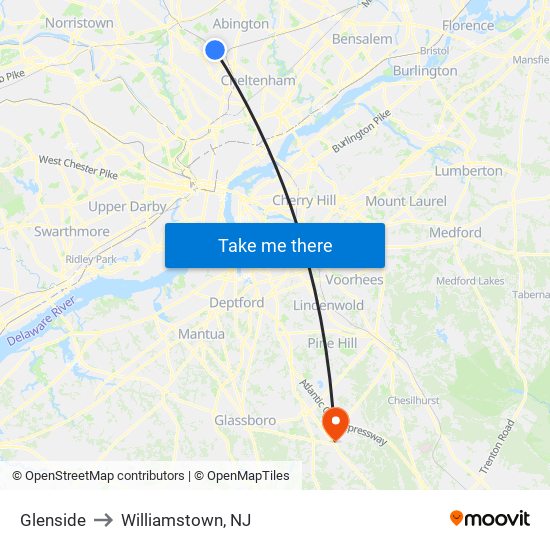 Glenside to Williamstown, NJ map
