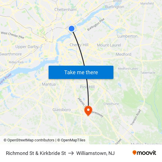 Richmond St & Kirkbride St to Williamstown, NJ map