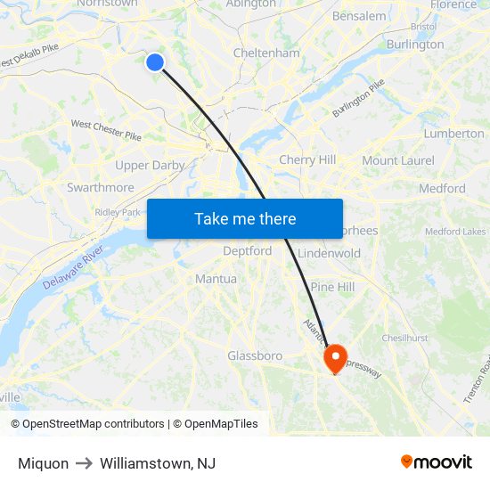 Miquon to Williamstown, NJ map