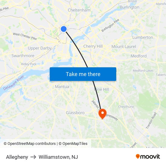 Allegheny to Williamstown, NJ map