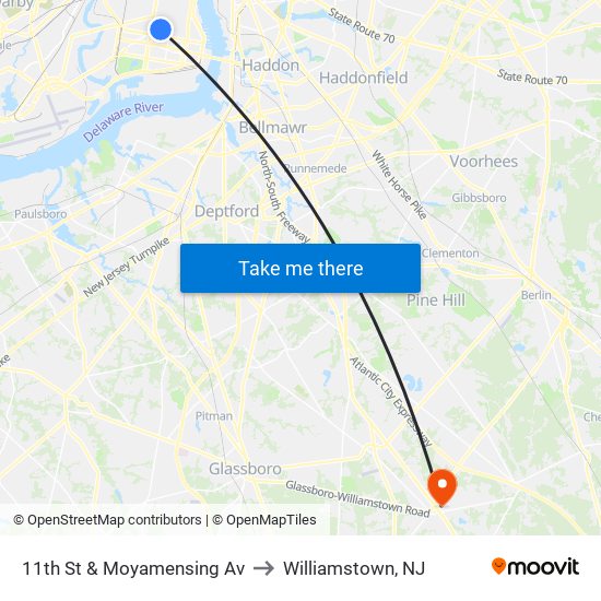 11th St & Moyamensing Av to Williamstown, NJ map