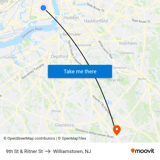 9th St & Ritner St to Williamstown, NJ map