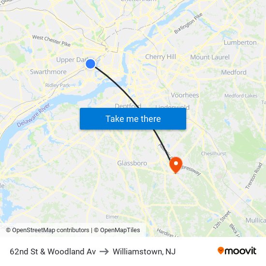 62nd St & Woodland Av to Williamstown, NJ map