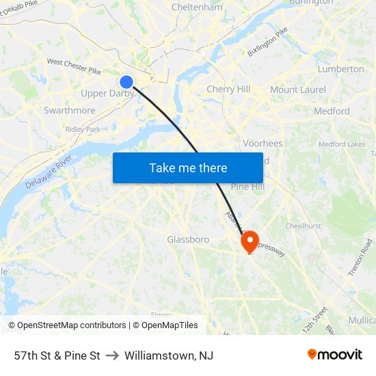 57th St & Pine St to Williamstown, NJ map