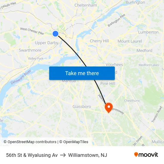 56th St & Wyalusing Av to Williamstown, NJ map