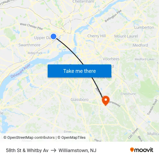 58th St & Whitby Av to Williamstown, NJ map