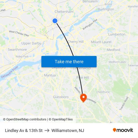 Lindley Av & 13th St to Williamstown, NJ map