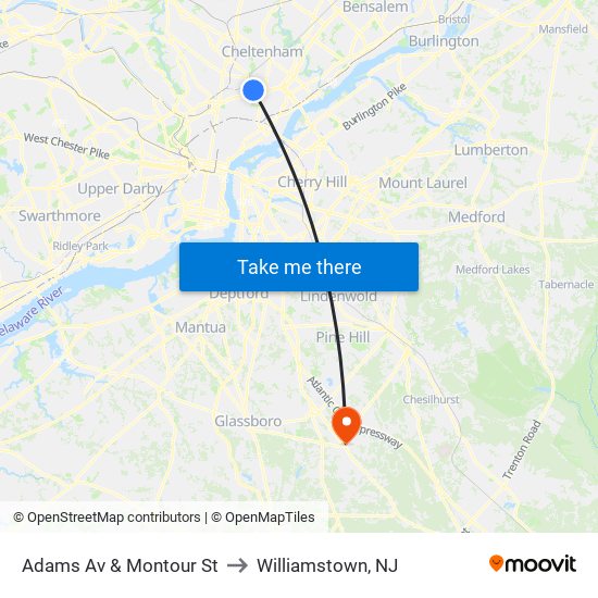 Adams Av & Montour St to Williamstown, NJ map