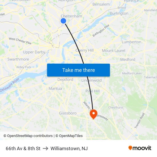 66th Av & 8th St to Williamstown, NJ map