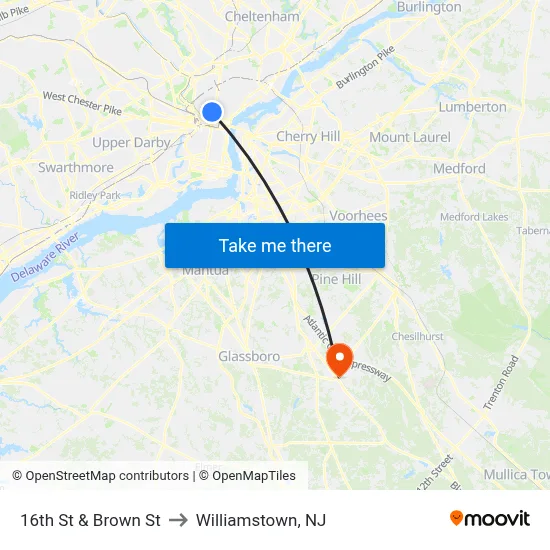 16th St & Brown St to Williamstown, NJ map