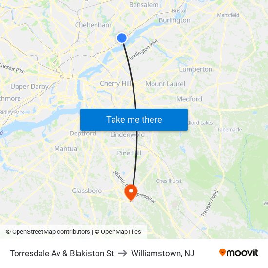 Torresdale Av & Blakiston St to Williamstown, NJ map