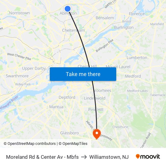 Moreland Rd & Center Av - Mbfs to Williamstown, NJ map