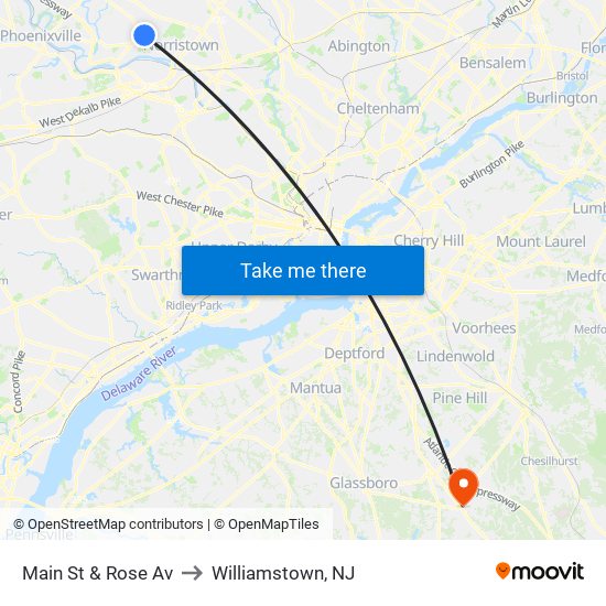 Main St & Rose Av to Williamstown, NJ map