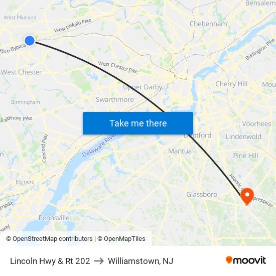 Lincoln Hwy & Rt 202 to Williamstown, NJ map