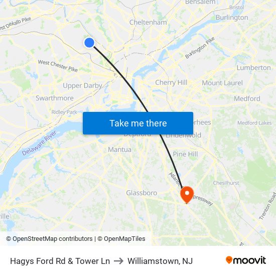 Hagys Ford Rd & Tower Ln to Williamstown, NJ map