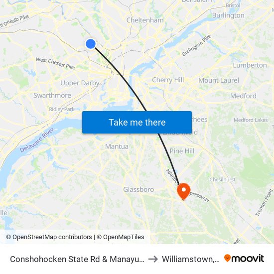 Conshohocken State Rd & Manayunk Rd to Williamstown, NJ map