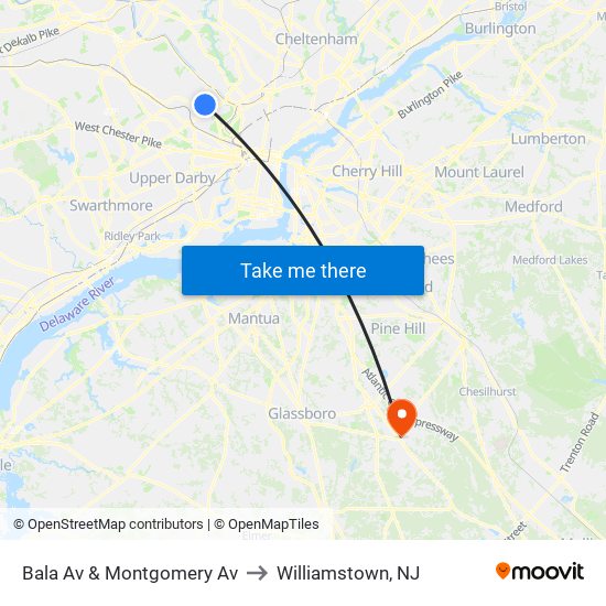 Bala Av & Montgomery Av to Williamstown, NJ map