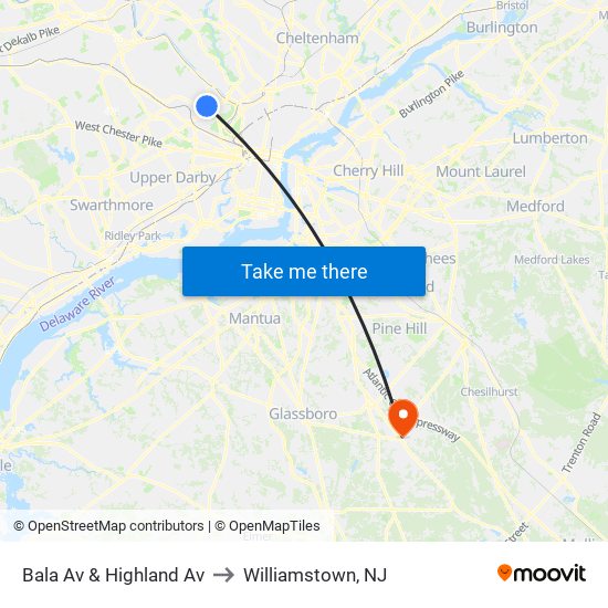 Bala Av & Highland Av to Williamstown, NJ map