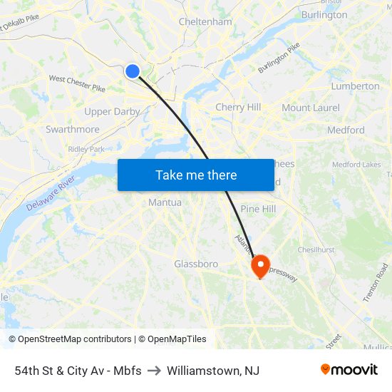 54th St & City Av - Mbfs to Williamstown, NJ map