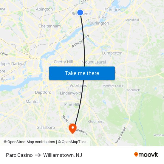 Parx Casino to Williamstown, NJ map