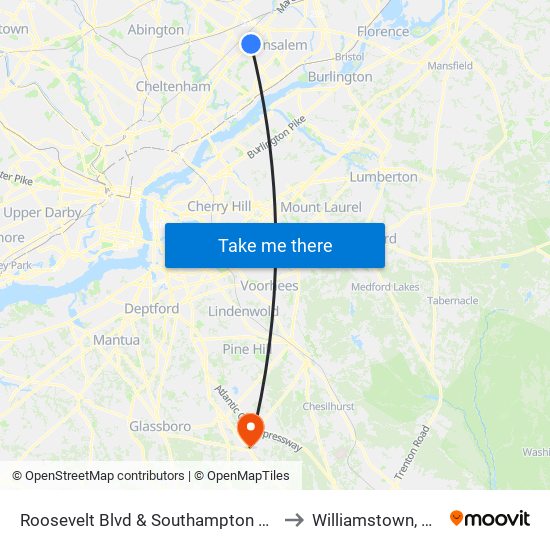 Roosevelt Blvd & Southampton Rd to Williamstown, NJ map