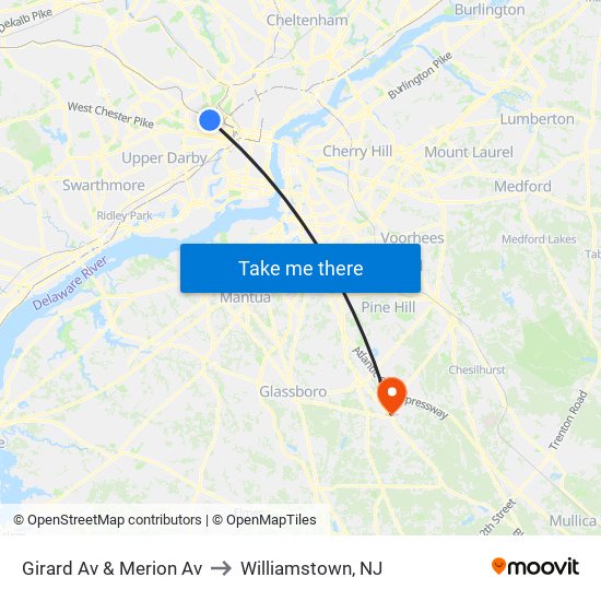 Girard Av & Merion Av to Williamstown, NJ map