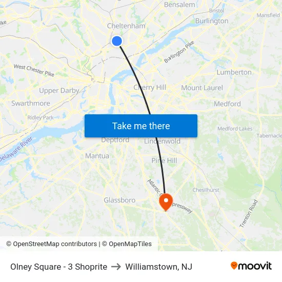 Olney Square - 3 Shoprite to Williamstown, NJ map