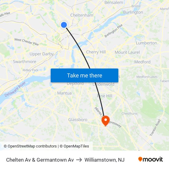 Chelten Av & Germantown Av to Williamstown, NJ map