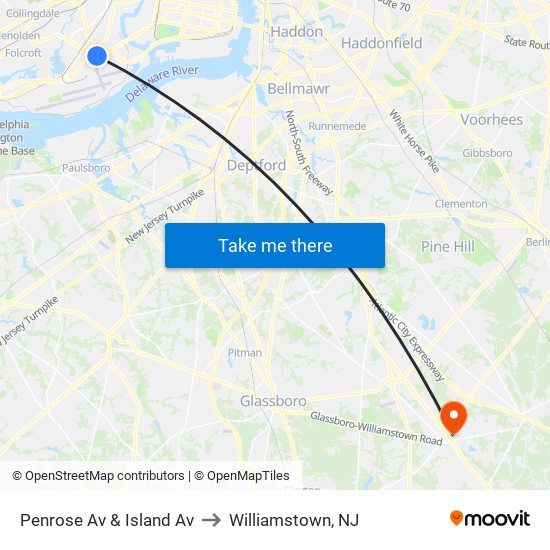 Penrose Av & Island Av to Williamstown, NJ map