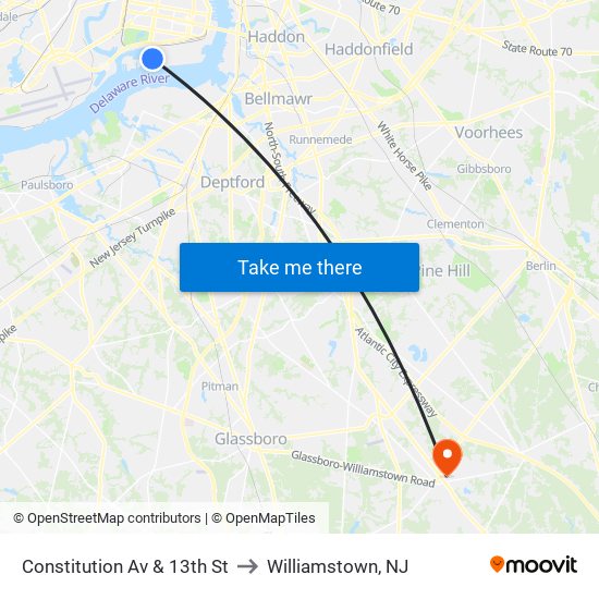 Constitution Av & 13th St to Williamstown, NJ map