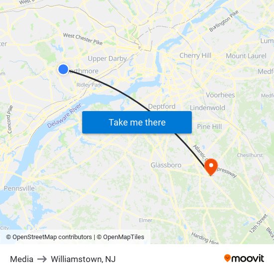 Media to Williamstown, NJ map