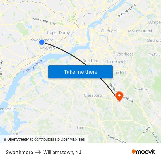 Swarthmore to Williamstown, NJ map