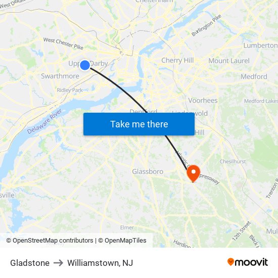Gladstone to Williamstown, NJ map
