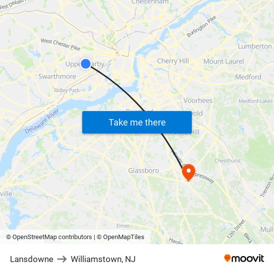 Lansdowne to Williamstown, NJ map