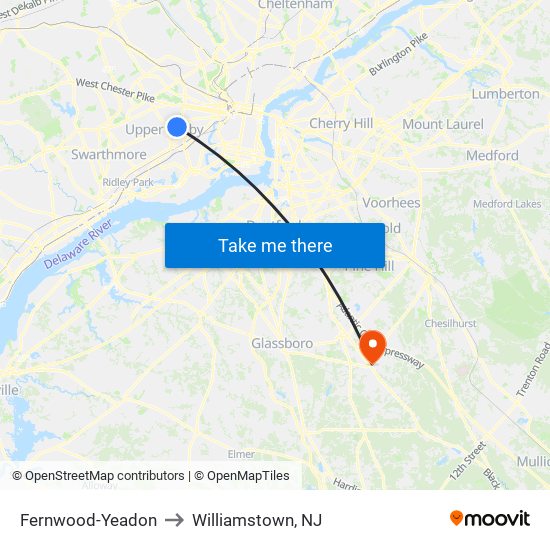Fernwood-Yeadon to Williamstown, NJ map