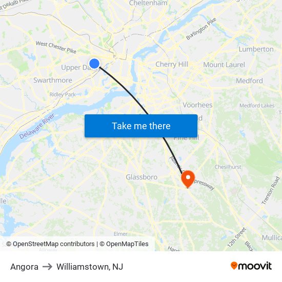 Angora to Williamstown, NJ map