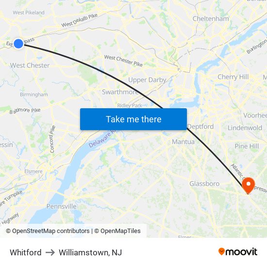 Whitford to Williamstown, NJ map