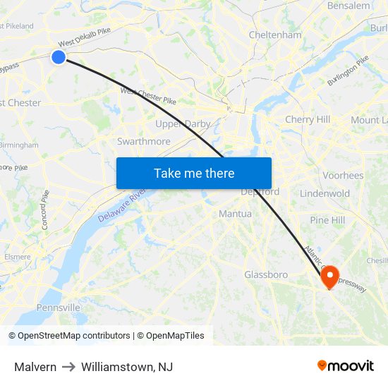 Malvern to Williamstown, NJ map