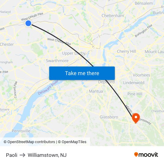 Paoli to Williamstown, NJ map