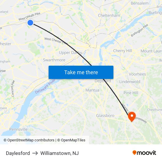 Daylesford to Williamstown, NJ map