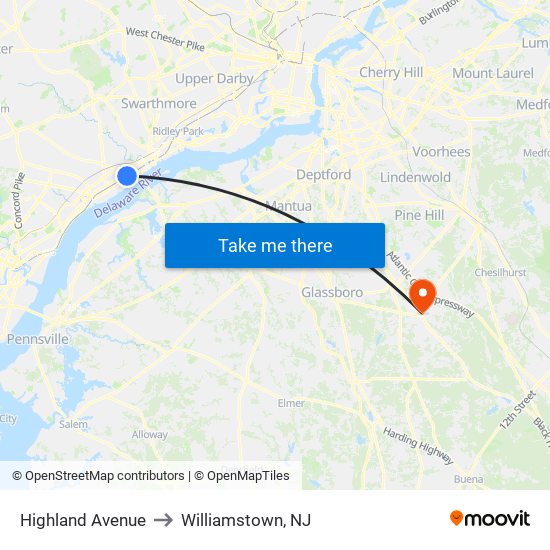 Highland Avenue to Williamstown, NJ map