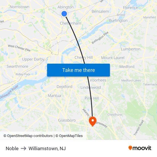 Noble to Williamstown, NJ map