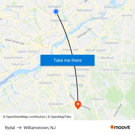 Rydal to Williamstown, NJ map