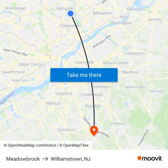 Meadowbrook to Williamstown, NJ map
