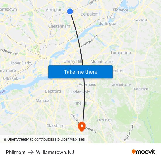 Philmont to Williamstown, NJ map