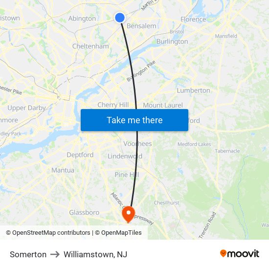 Somerton to Williamstown, NJ map