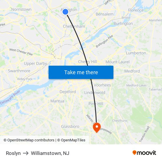 Roslyn to Williamstown, NJ map