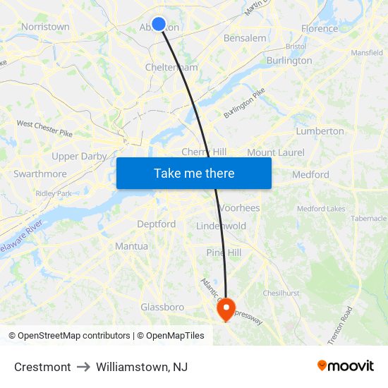 Crestmont to Williamstown, NJ map