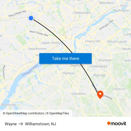 Wayne to Williamstown, NJ map