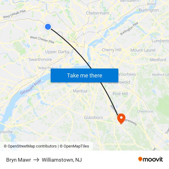Bryn Mawr to Williamstown, NJ map